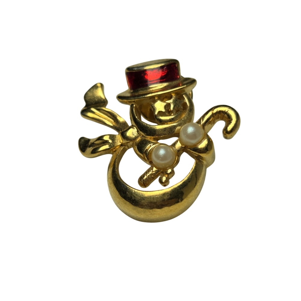 Vintage 1991 Avon Gold-Tone Snowman Brooch with Red Hat and Imitation Pearls